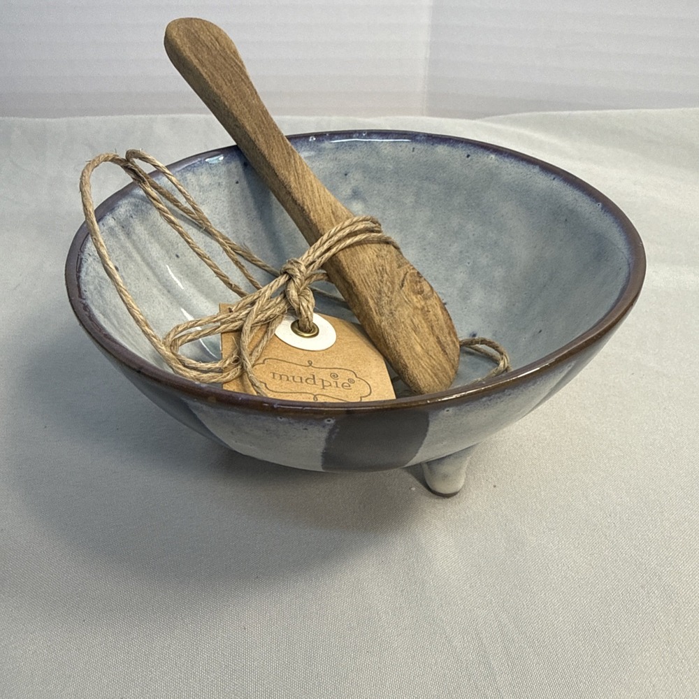 NWT Mud Pie Ceramic Dip Bowl & Mango Wood Spreader Set Farmhouse Glazed